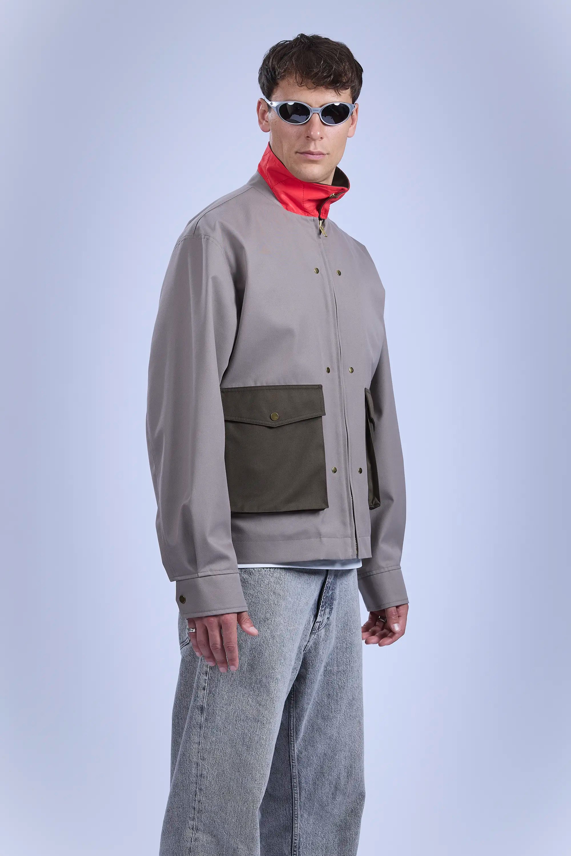 Upper body front side view with red collar for increased day-time visibility