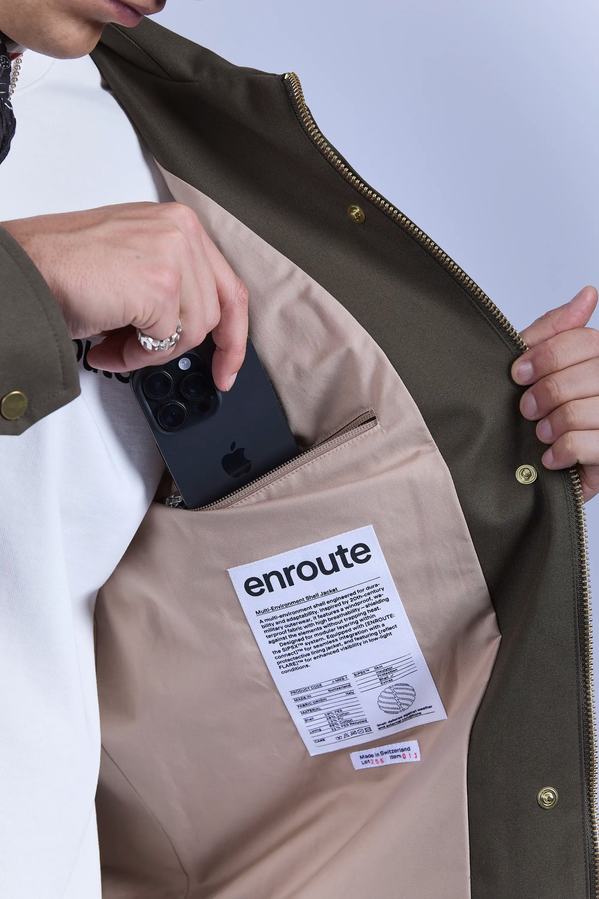 Inside chest pocket with YKK reverse coil zipper for secure closure