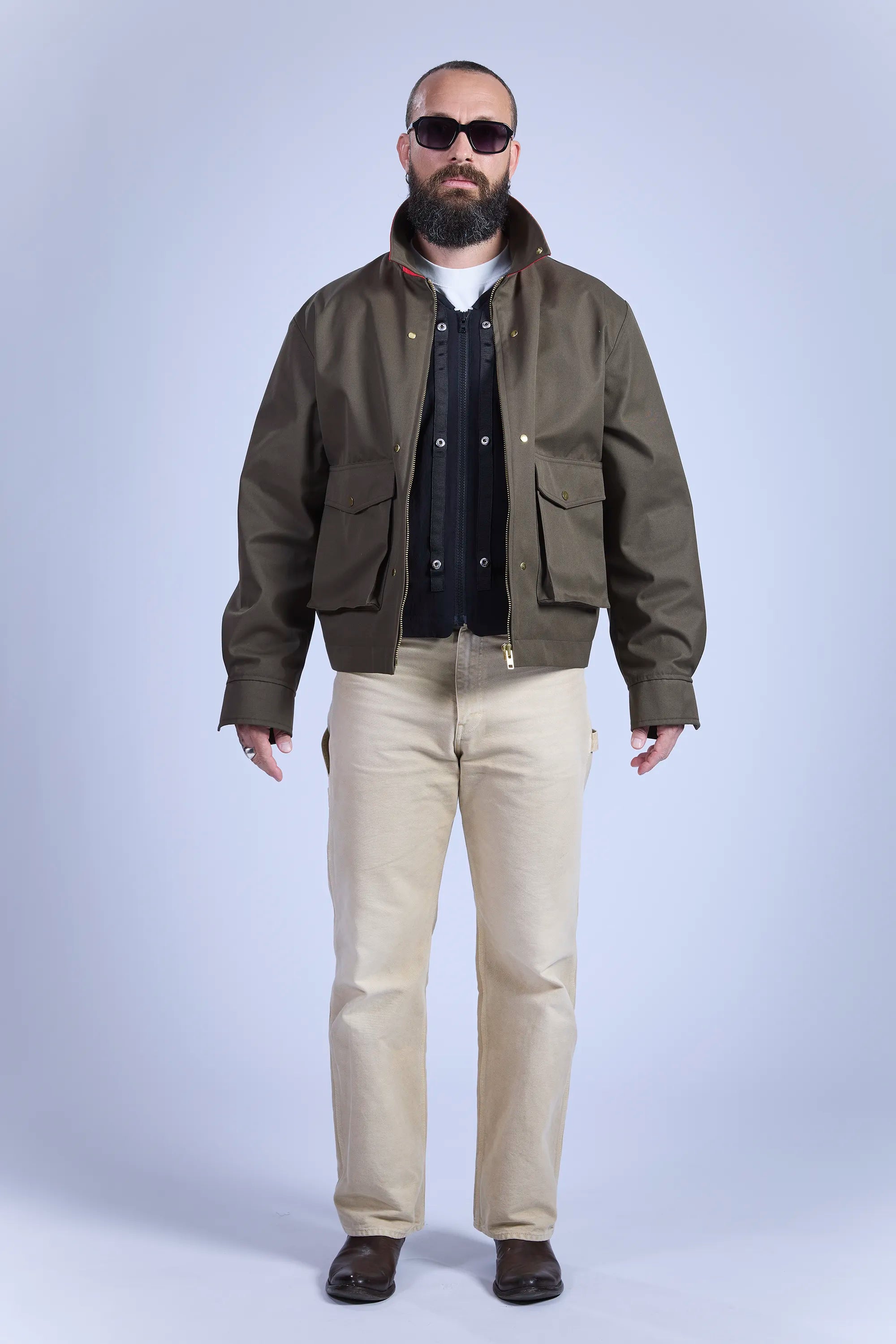 Look 1: Full body view with J-PL-1 lining jacket